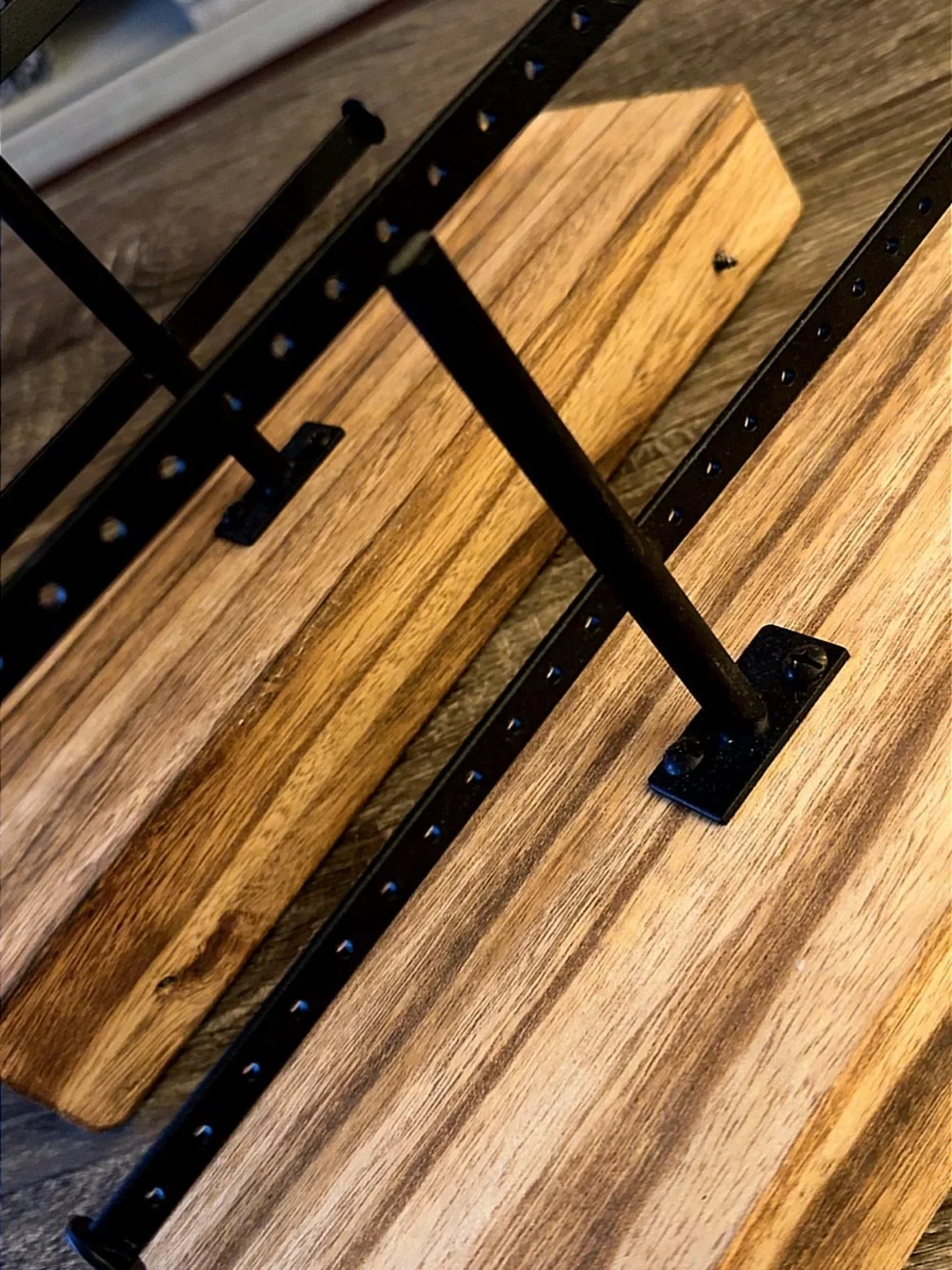 Industrial Double-Bar Jewelry Rack on Natural Wood Mount